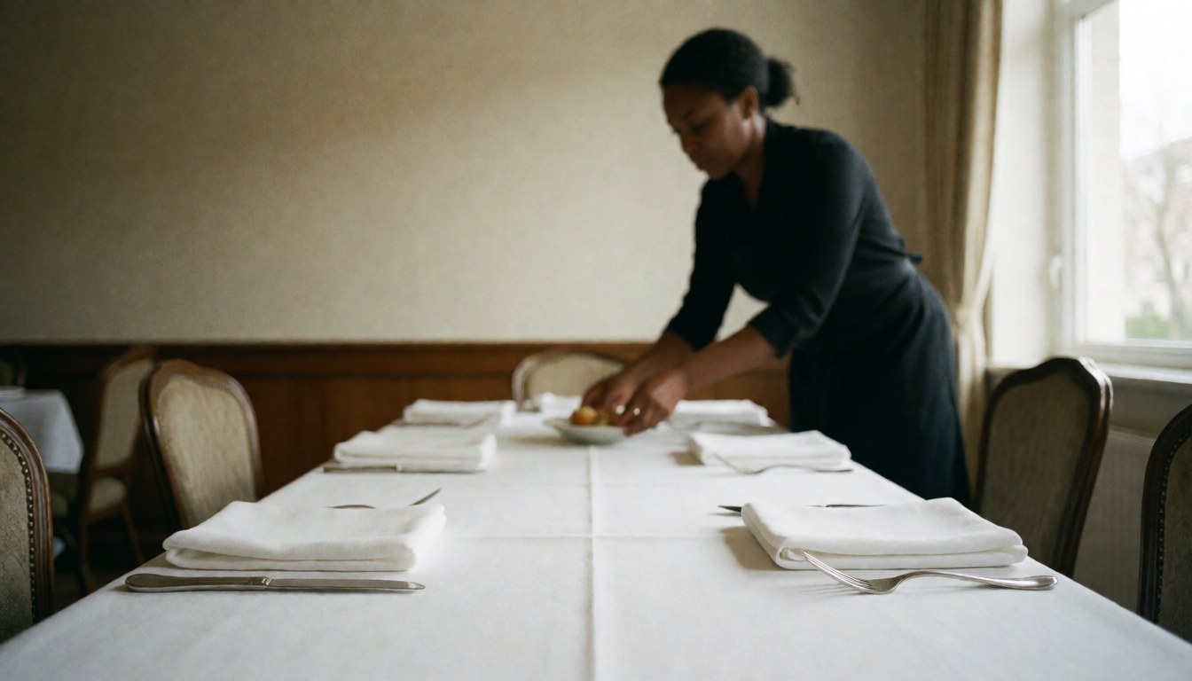 A waitress serving a table with white tablecloth and cutlery in a restaurant with natural light and wooden chairs