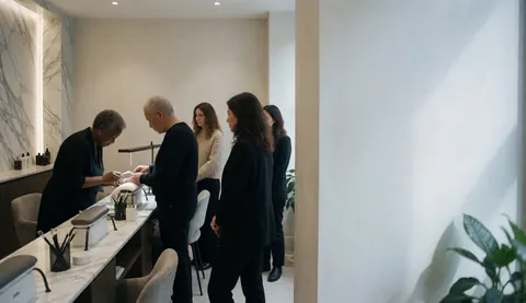 Stylist attending to a client in a chic nail salon featuring marble decor and natural light