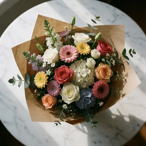 Fresh bouquet with roses, gerberas, and hydrangeas in kraft paper on a marble table with natural light