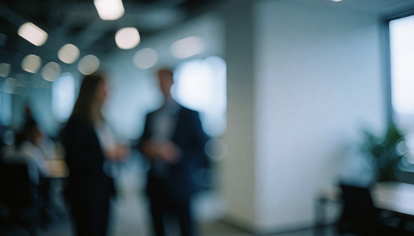 Blurred corporate office background with cool tones and soft lights, providing ample space for text overlay
