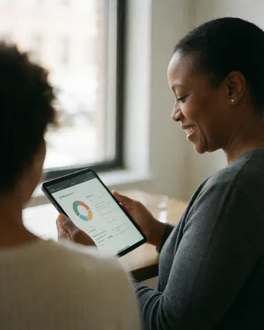 A smiling woman checks a report on a tablet in a bright office with natural light