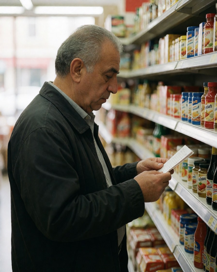 An older man in a dark jacket reviews a shopping list while walking through a minimarket aisle filled with stocked shelves.