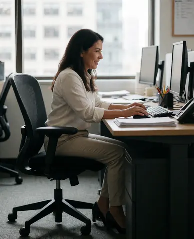 Female business manager smiling while working on a laptop in a bright modern office with natural light