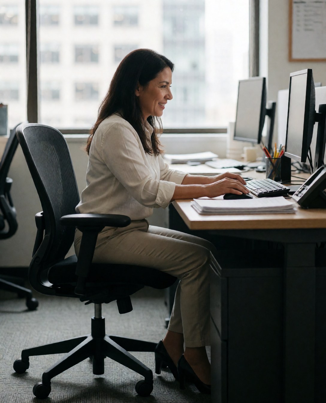 Female business manager smiling while working on a laptop in a bright modern office with natural light