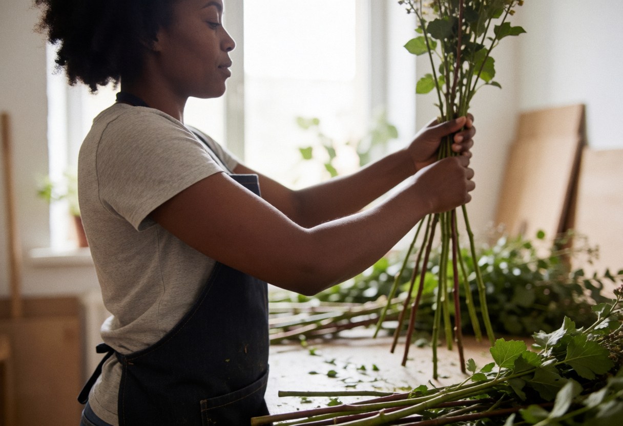 A black woman wearing an apron arranges a green flower bouquet in a florist workshop with natural light and a blurred background.