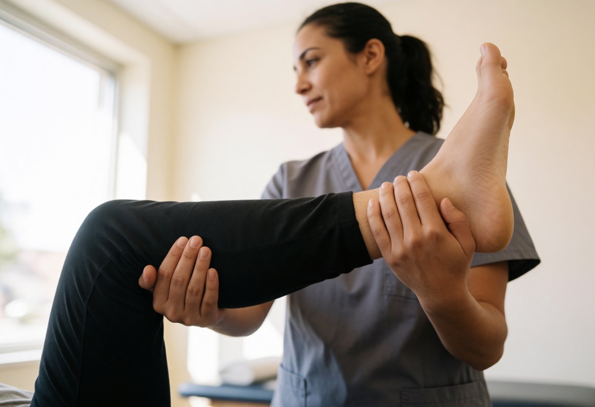 Female physiotherapist stretching a client's leg during a professional treatment session in a well-lit clinic.