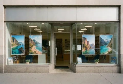 Modern travel agency entrance featuring large glass windows displaying colorful posters of popular tourist destinations.
