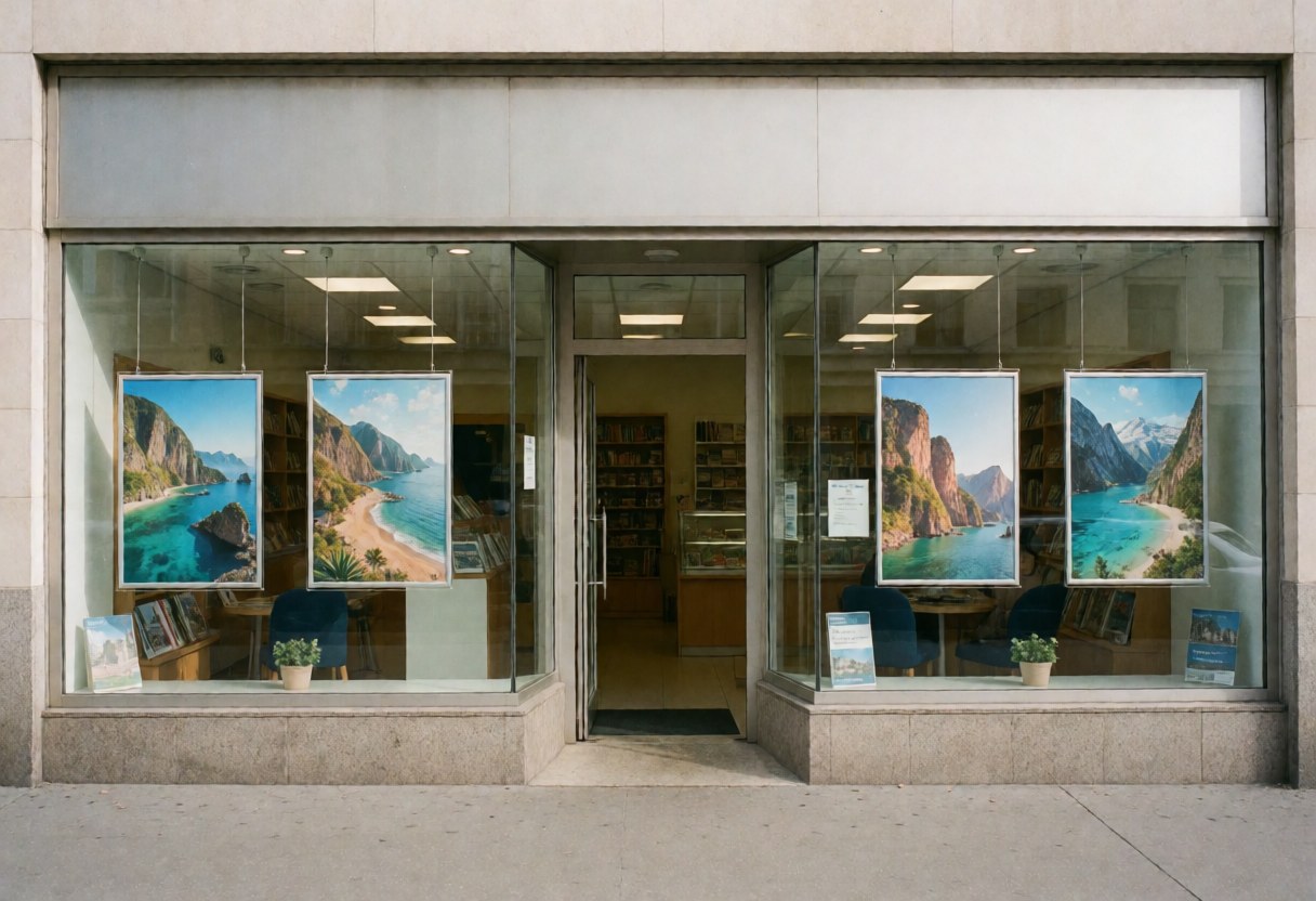 Modern travel agency entrance featuring large glass windows displaying colorful posters of popular tourist destinations.