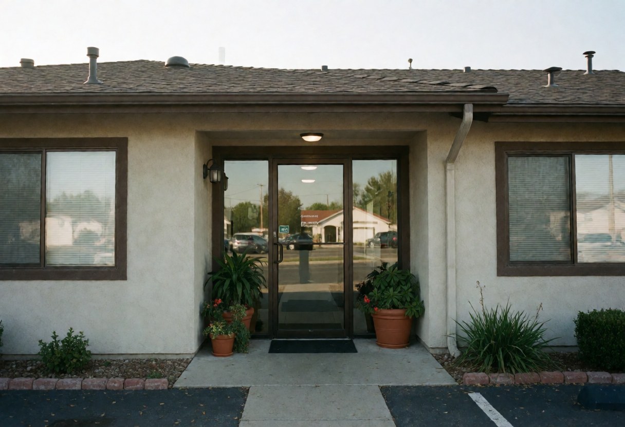 Professional office entrance featuring a glass door, potted plants, and clear sky creating a welcoming atmosphere