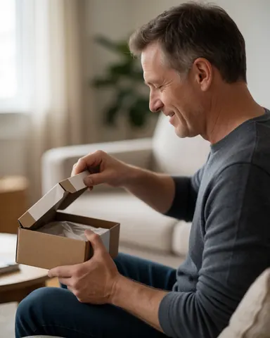 A satisfied man opens a delivery box in his living room with natural light and a cozy atmosphere