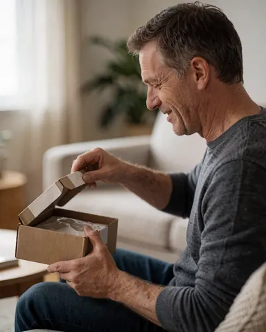 A satisfied man opens a delivery box in his living room with natural light and a cozy atmosphere
