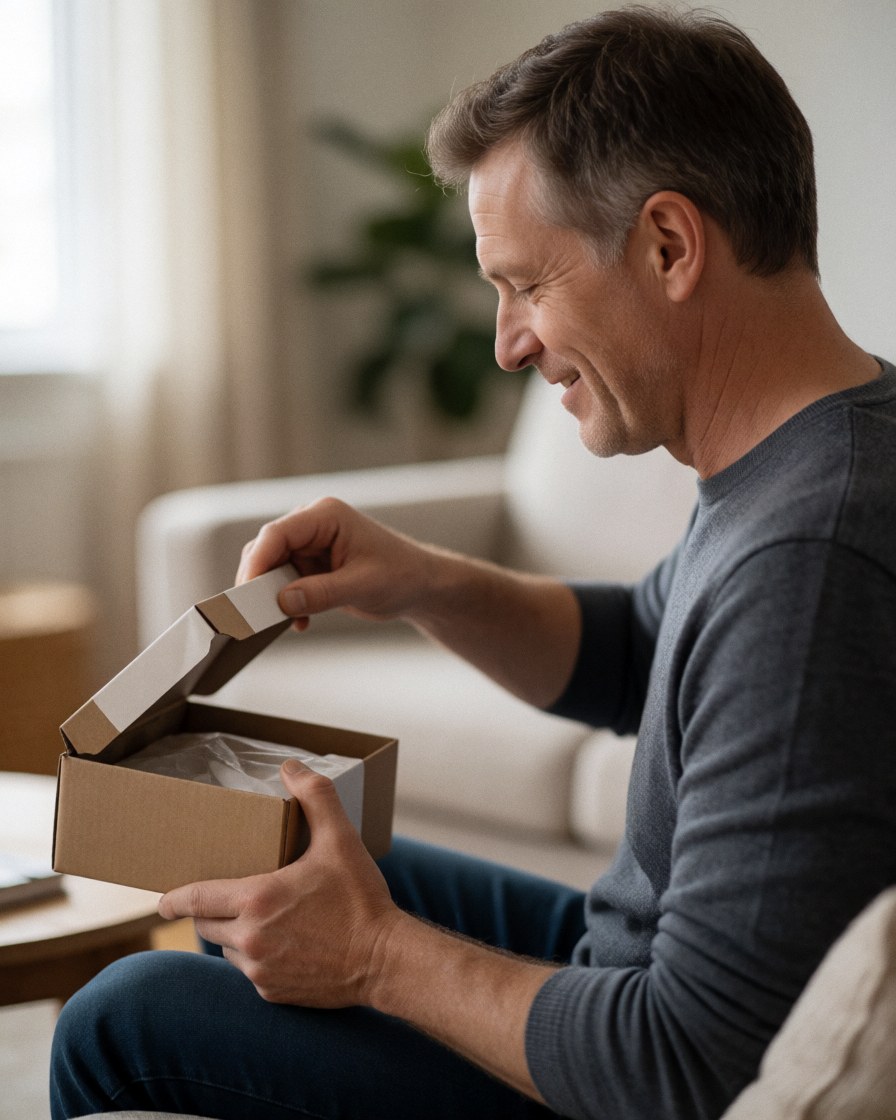 A satisfied man opens a delivery box in his living room with natural light and a cozy atmosphere