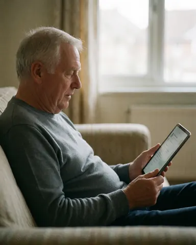A senior man sitting on a sofa looking at his tablet in a home setting with natural light, ideal for remote work or video calls.