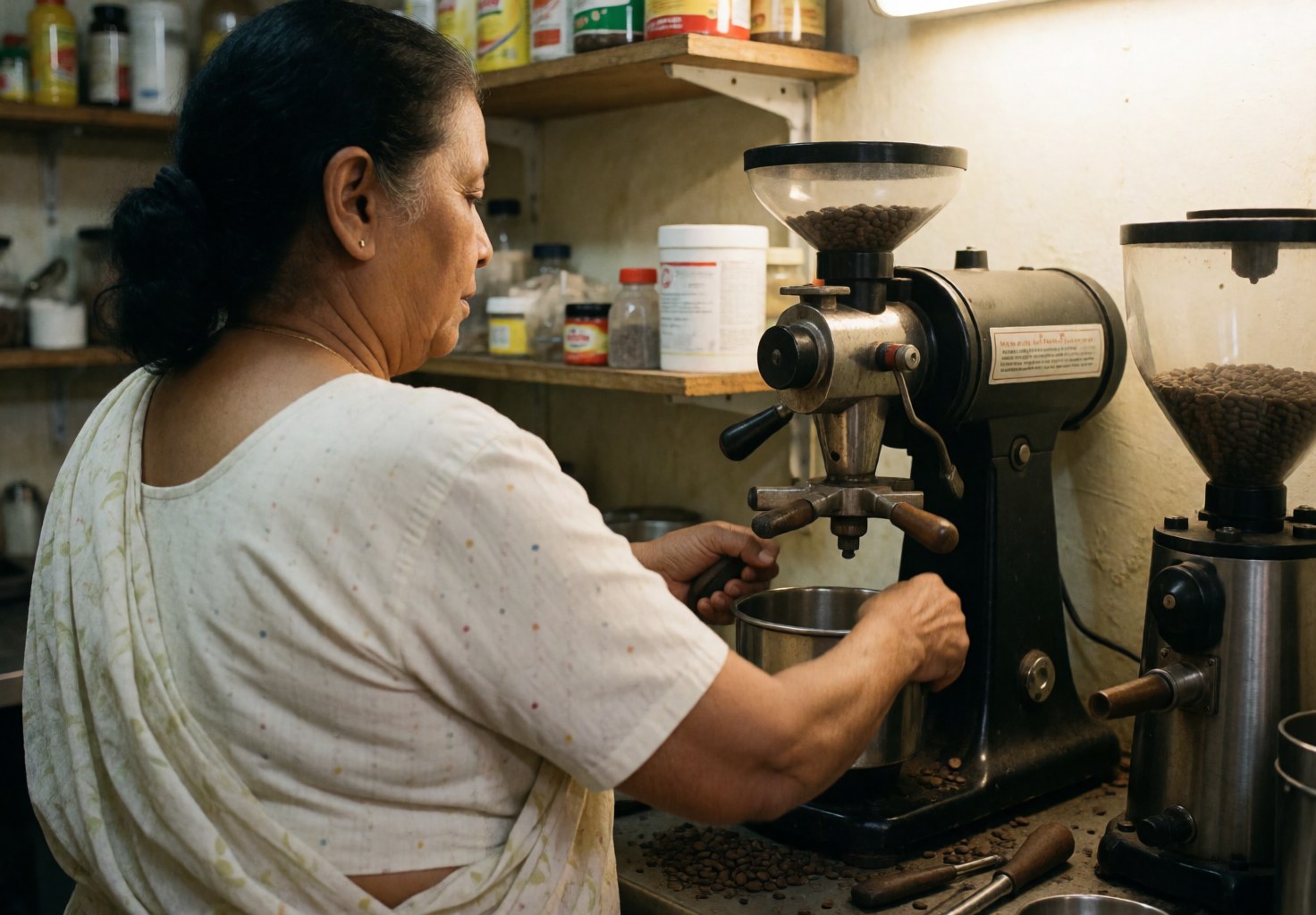 A South Asian woman grinds coffee beans in a traditional cafe with machinery and ingredient shelves in the background.
