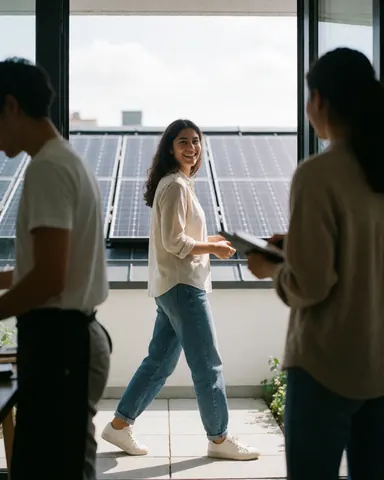 A joyful woman walks past a modern home with solar panels on the roof, surrounded by other people in a bright outdoor space.
