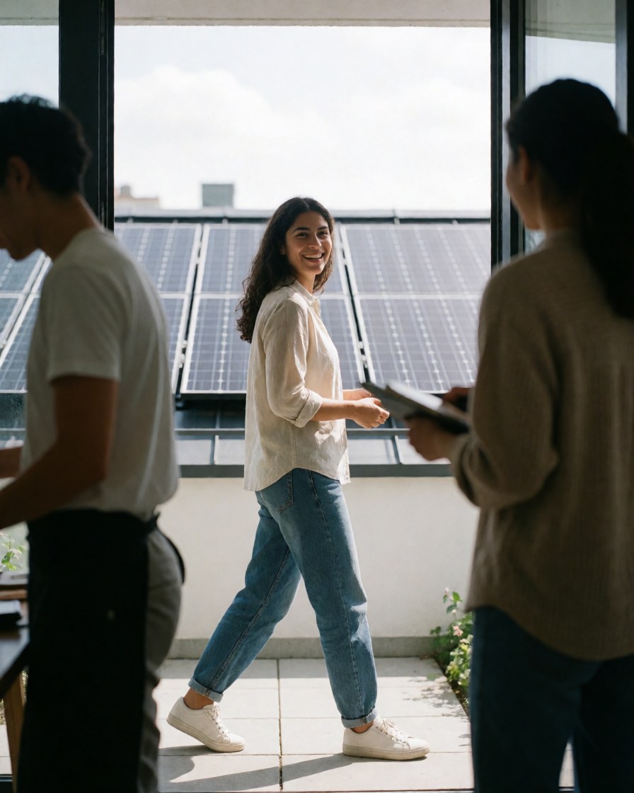 A joyful woman walks past a modern home with solar panels on the roof, surrounded by other people in a bright outdoor space.