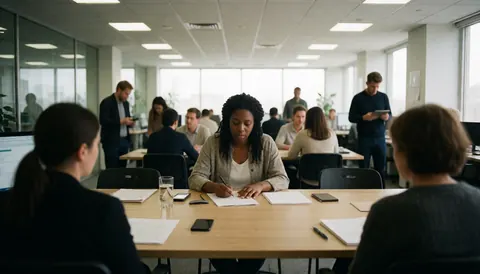 An afrodescendant woman writes at a desk while colleagues work in a modern professional office environment.