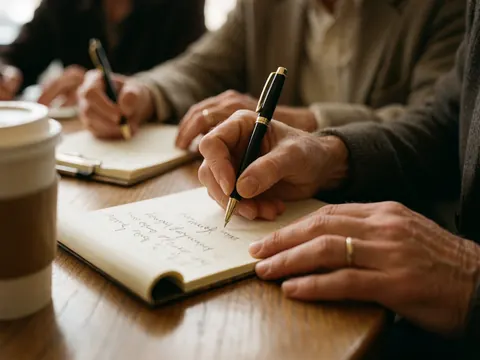 Close-up of hands writing in a notebook on a wooden desk with a coffee cup and another person writing in the background