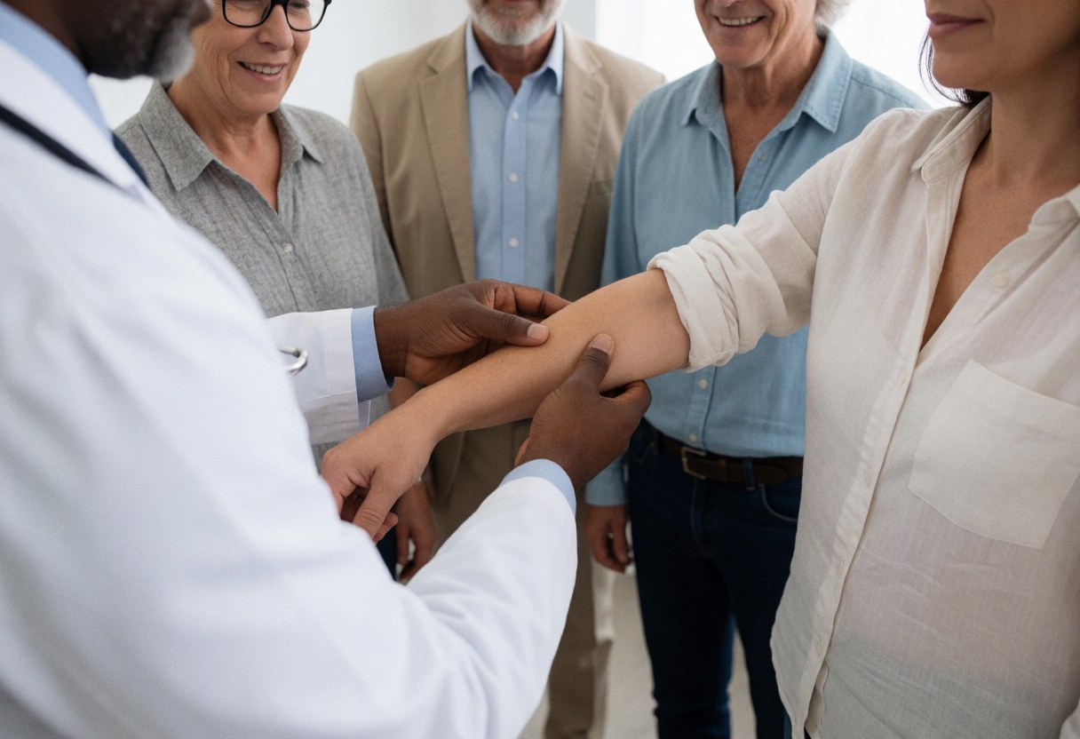 A doctor examines a patient's arm while others watch in a modern medical clinic.