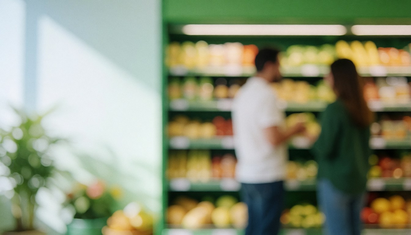Out of focus background of a minimarket featuring green shelves, lights, and people, ideal for commercial text overlays