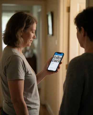 A woman at home reviews multiple security camera feeds on her smartphone app in a warm, domestic setting.