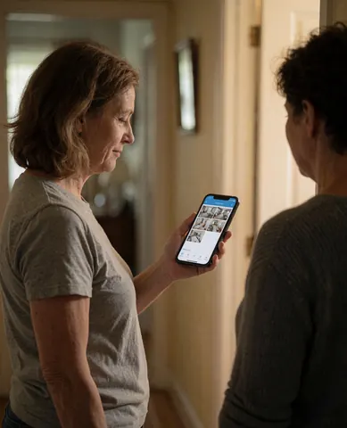 A woman at home reviews multiple security camera feeds on her smartphone app in a warm, domestic setting.