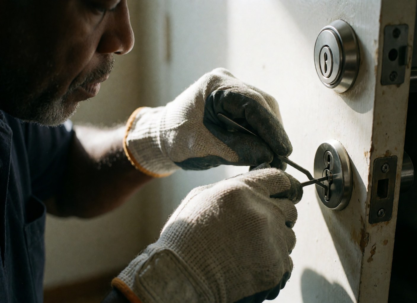 A gloved technician uses tools to install a security lock, highlighting precision in manual work under dramatic lighting