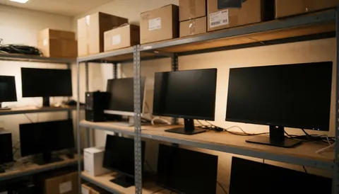 Warehouse shelves filled with monitors, computers, and IT equipment boxes with warm lighting and blurred background for text overlay