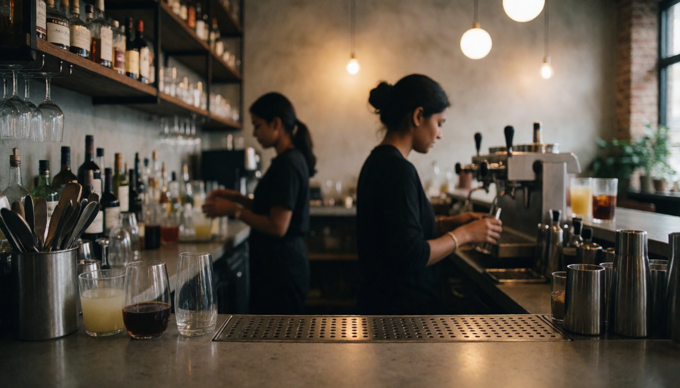 A bar with clean tables and staff working, warm lights and drinks ready to serve