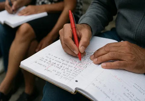 Adult hand using red pen to correct Spanish homework in a notebook, ideal for language school service in action