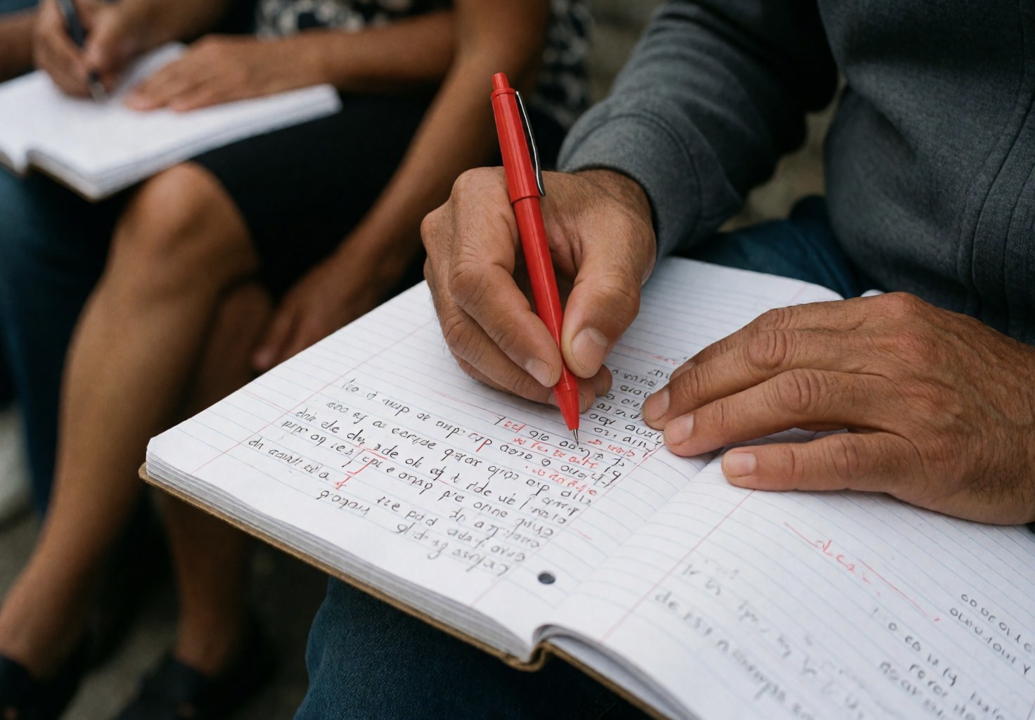 Adult hand using red pen to correct Spanish homework in a notebook, ideal for language school service in action