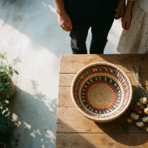 A colorful woven basket sits on a wooden table surrounded by dried flowers, creating a natural and rustic atmosphere suitable for nonprofit and community projects.