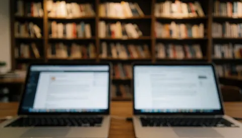 Two laptops with blurred screens placed in front of bookshelves, suitable for website text or headers