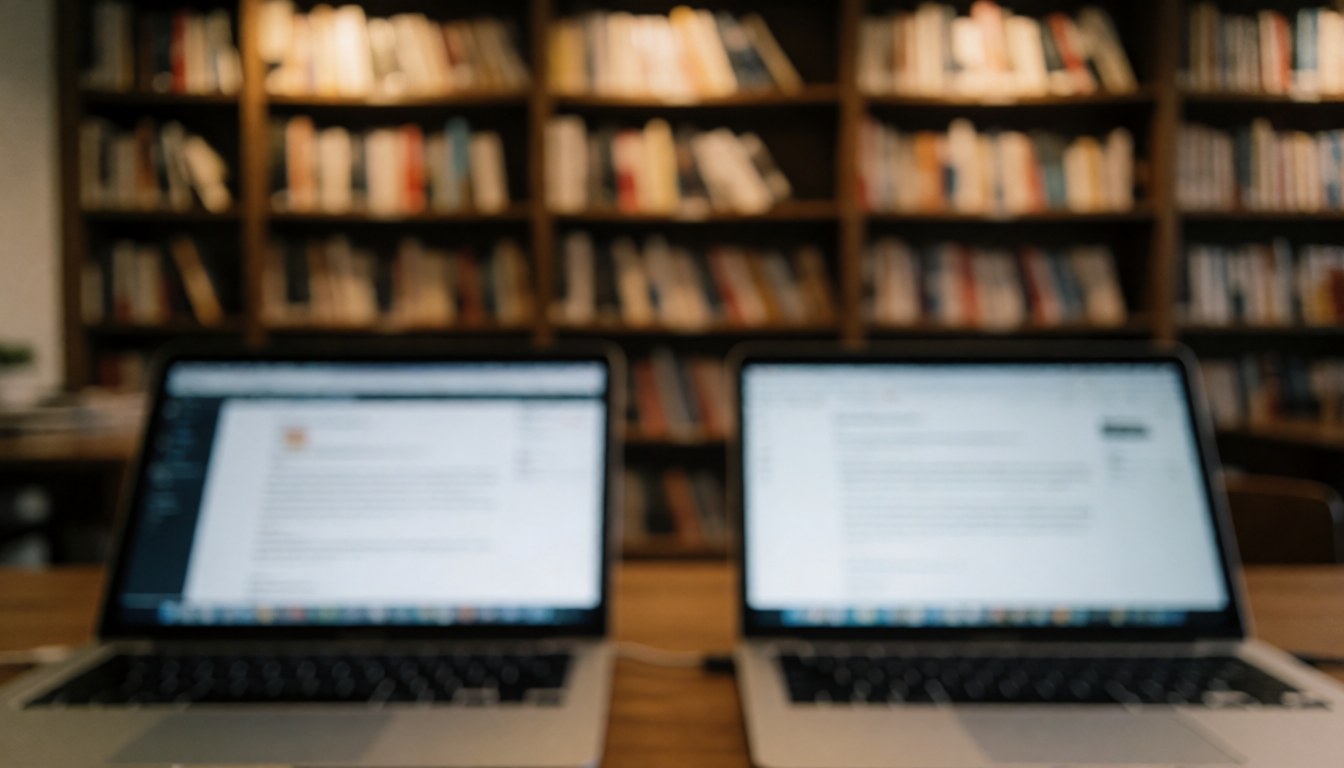 Two laptops with blurred screens placed in front of bookshelves, suitable for website text or headers