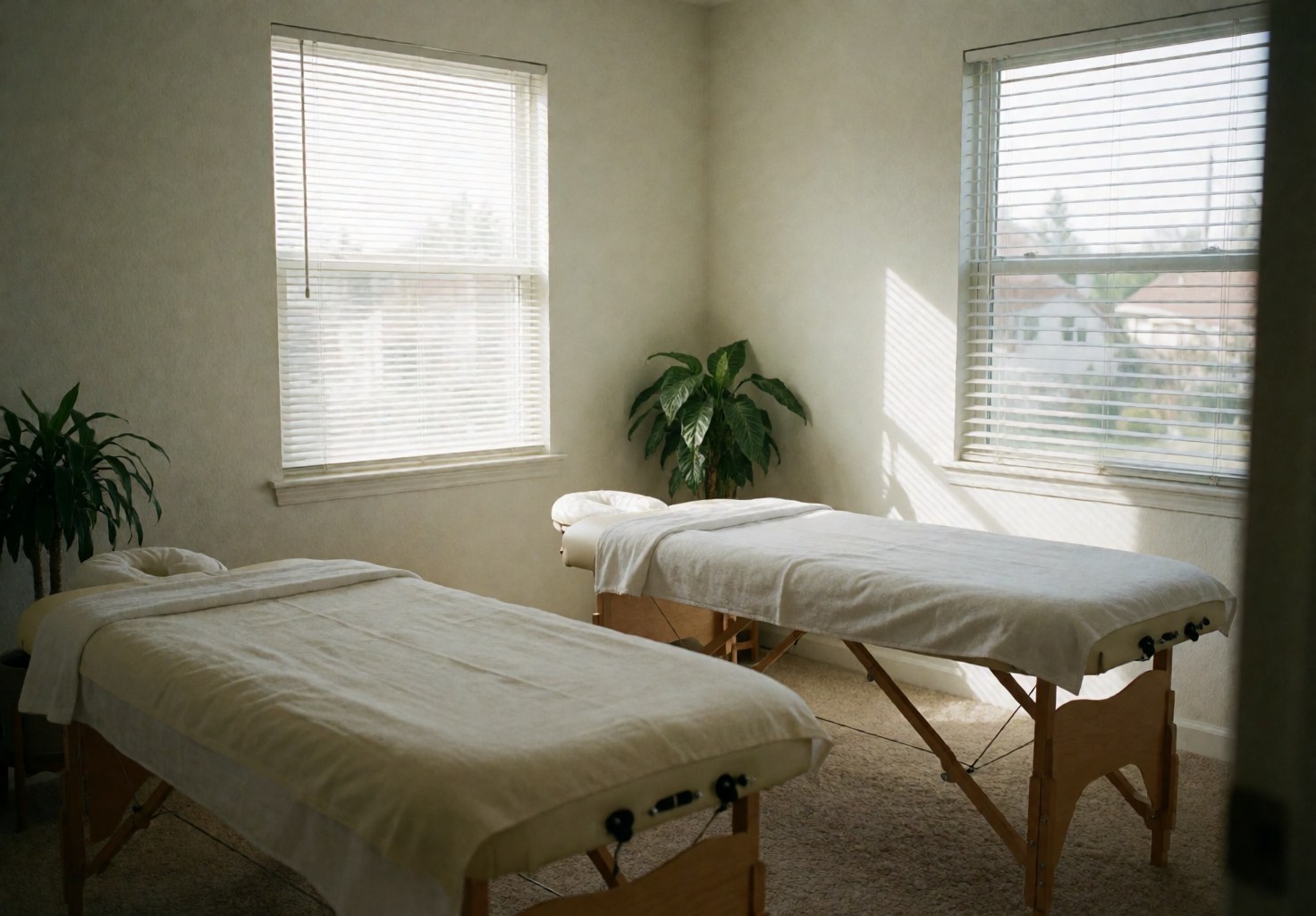 A clean and quiet massage room featuring two beds with white sheets, green plants, and natural light from windows with blinds.
