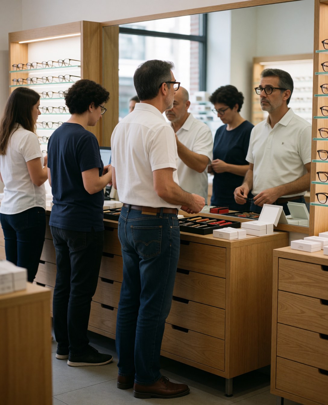 A satisfied customer tries on eyeglasses in a modern optical shop while an advisor assists and displays frames in a wooden case near a large mirror