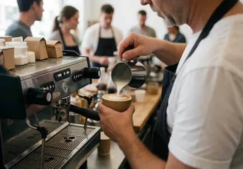 A barista wearing an apron pours latte art into a coffee cup with an espresso machine and customers in the background of a modern cafe.