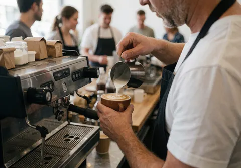 A barista wearing an apron pours latte art into a coffee cup with an espresso machine and customers in the background of a modern cafe.