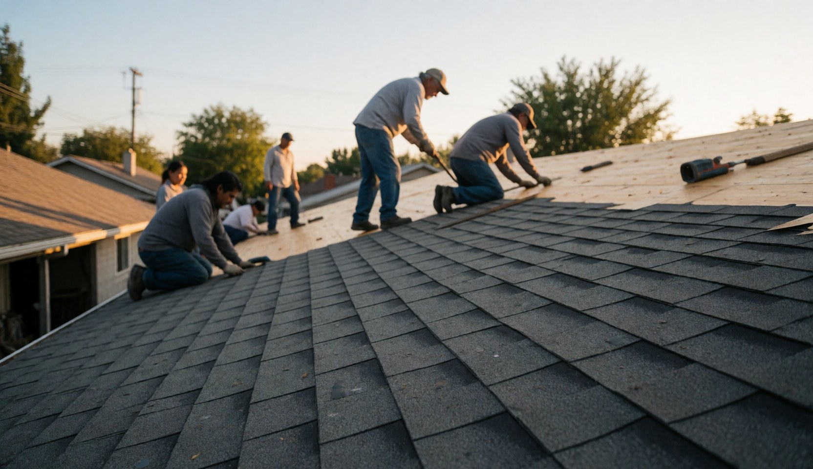 Construction team placing roof tiles on a home during golden hour with copy space on the right