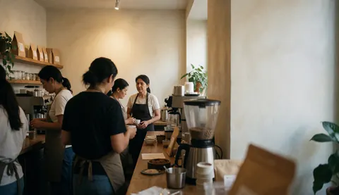 Interior view of a coffee shop with staff attending to tables, plants, and light walls in a warm atmosphere