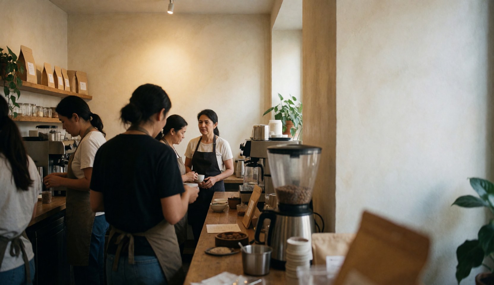 Interior view of a coffee shop with staff attending to tables, plants, and light walls in a warm atmosphere
