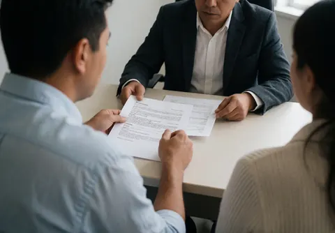 A man interviews two candidates seated at a table with documents in a well-lit office
