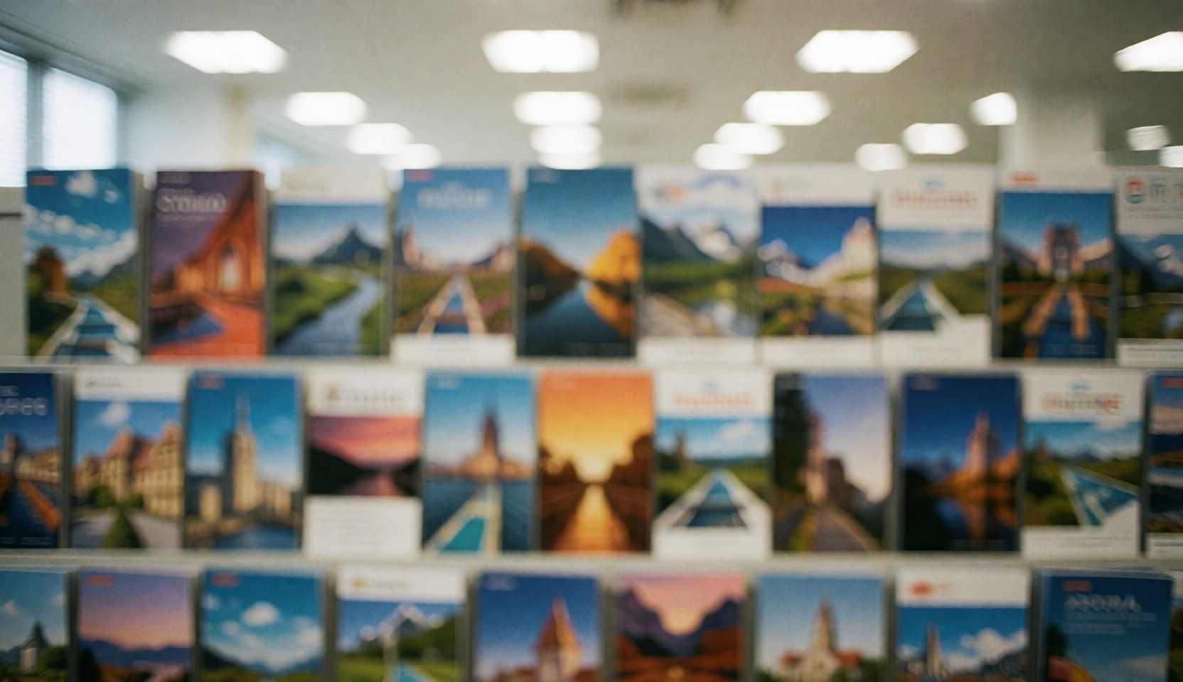 Travel brochures on a shelf with blurred office lights, ideal for text and web design