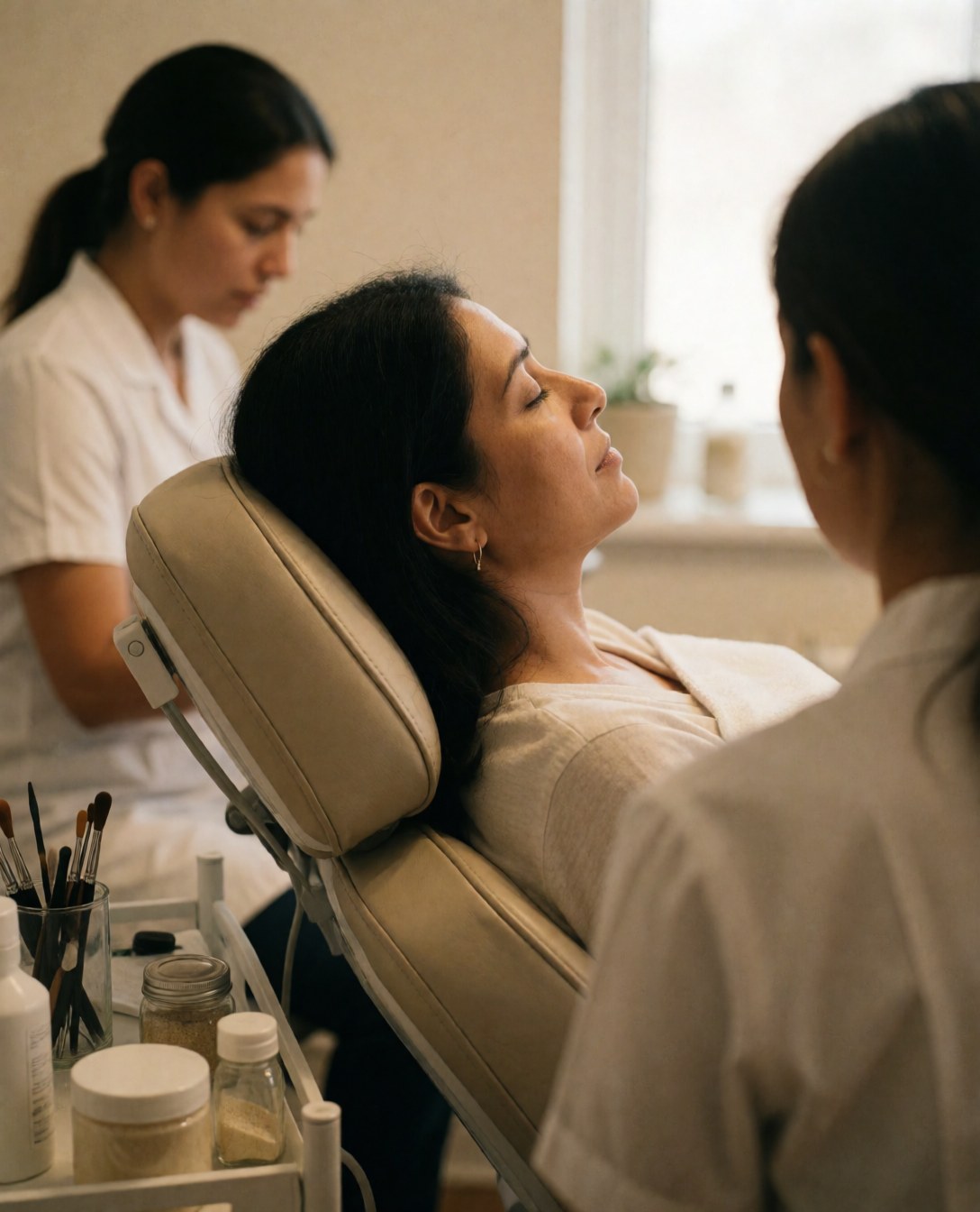 A smiling woman receives a facial treatment in a spa while aestheticians work around her in a warm and relaxing atmosphere.