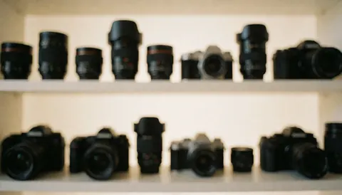 Out of focus shelf with camera lenses and equipment, perfect for photography studio advertising text