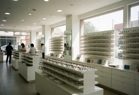 Clean and well-lit optical shop interior featuring white shelves filled with eyeglass frames, large windows, and customers in the background