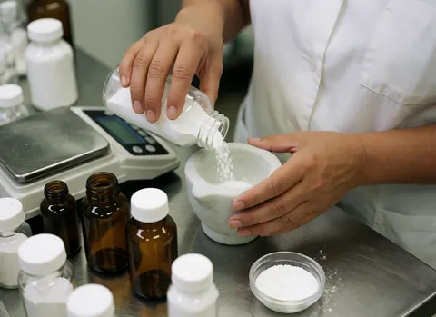 A pharmacist preparing medications in a lab using a mortar, ampoules, and a digital scale