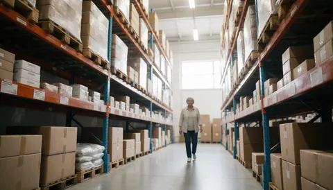 A woman walks through a warehouse aisle with tall shelves full of boxes. Bright lighting and clean floor highlight the workspace.