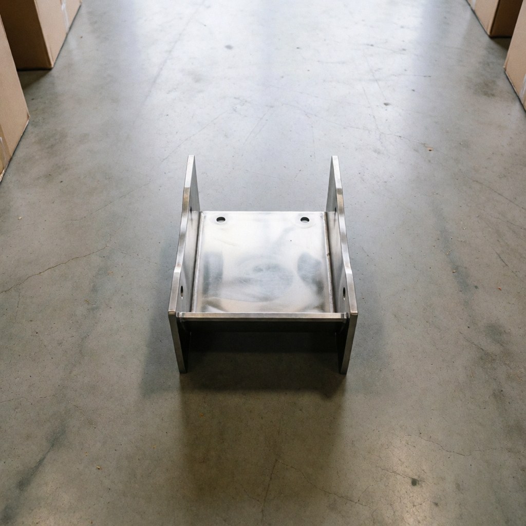 Polished industrial metal bracket resting on a concrete warehouse floor with diffused lighting highlighting its finish