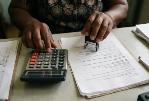 Close-up of hands using a calculator and stamp on accounting documents to show precision and expertise